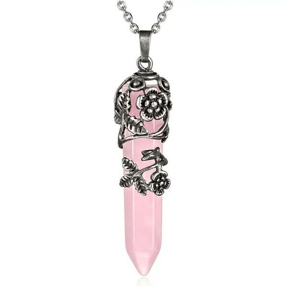 Silver Flower Wrapped In Natural Rose Quartz Pendant Necklace Healing Gift - Picture 1 of 6